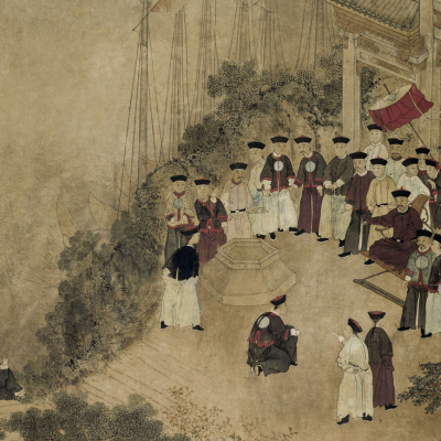 Chinese art - drawing of men meeting outdoors.