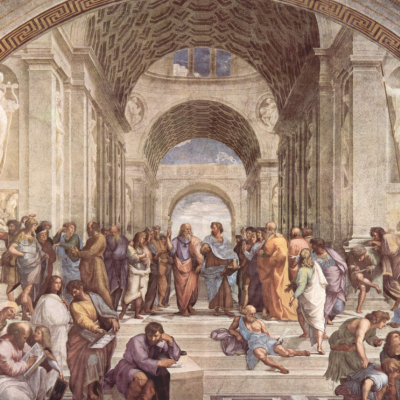 Artwork of philosophers in Athens. Aristotle and Plato in center.