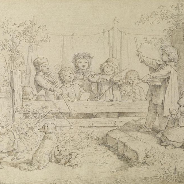 Ludwig Richter, Pencil on Paper, Children playing orchestra instruments outside. circa 1861.