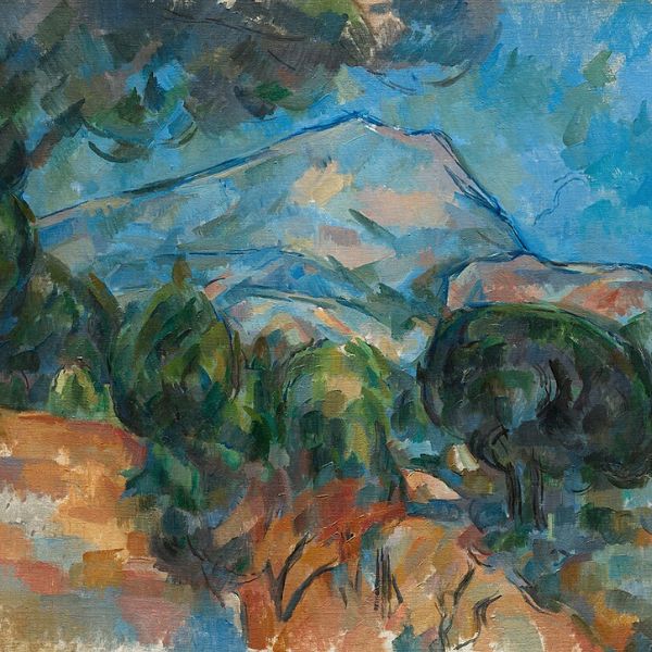 Image of landscape painting of Mount Sainte-Victoire by Paul CÃ©zanne, oil on fabric, 1899.