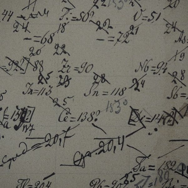 One of Dmitri Mendeleev's hand drawn periodic tables on display in his apartments at Saint Petersburg University.