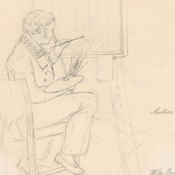 Portrait of the Painter Ditlev Martens at Work Behind and Easel. An Artist Sketching, drawing, Wilhelm Bendz.